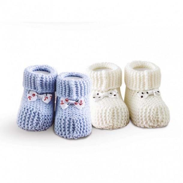 Σετ 2 Ζεύγη Πλεκτά Παπουτσάκια Αγκαλιάς Baby Shoes No6 Ecru-Ciel SB HOME